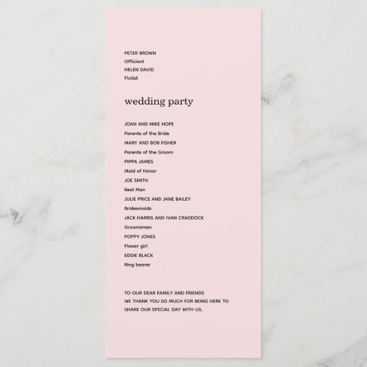 Modern Blush Bloemen Trouwprogramma Programmakaart (Achterkant)