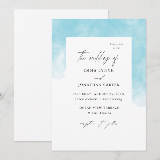 Modern Blush Blue Waterverf huwelijksuitnodiging Kaart (Voorkant / Achterkant)
