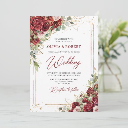 Modern blush & bordeaux rozen gouden bruiloft uitn kaart (Staand voorkant)