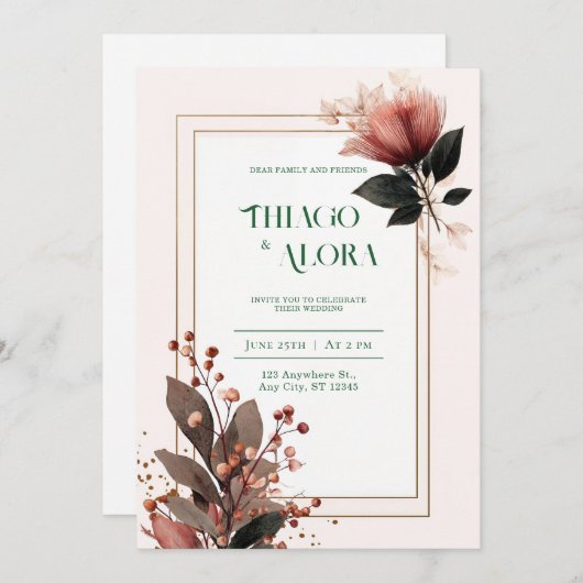 Modern Blush Botanical Wedding Kaart (Voorkant / Achterkant)