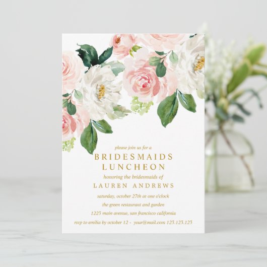 Modern Blush Bouquet Bridesmaids Luncheon Wedding Kaart (Staand voorkant)