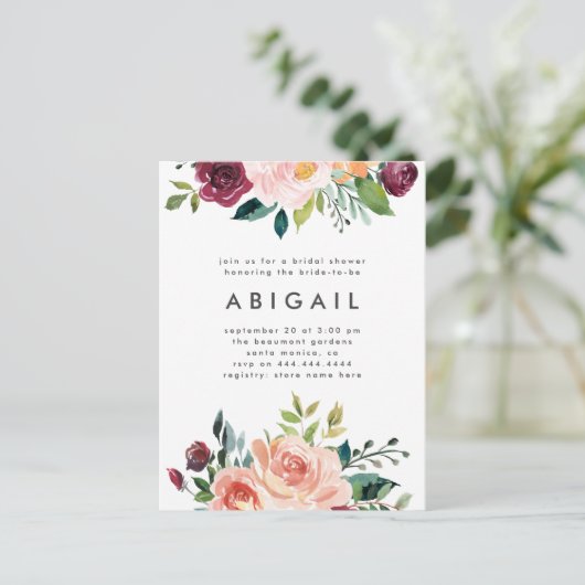 Modern Blush Bourgogne Floral Vrijgezellenfeest Uitnodiging Briefkaart (Staand voorkant)