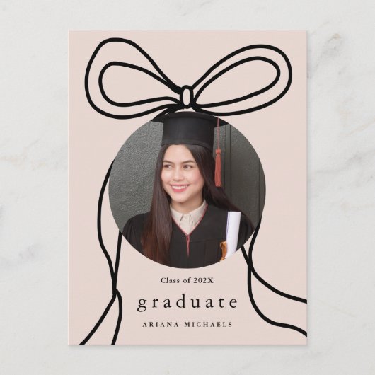 Modern Blush Bow One Photo Graduation Party Uitnod Aankondigingskaart (Voorkant)