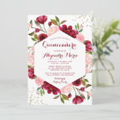 Modern Blush Burgundy Floral Quinceanera Kaart (Staand voorkant)