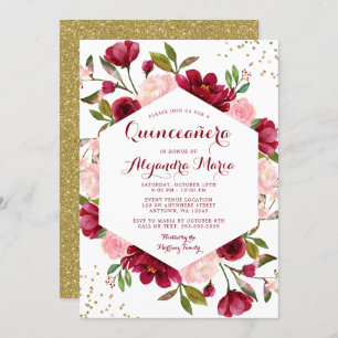 Modern Blush Burgundy Floral Quinceanera Kaart
