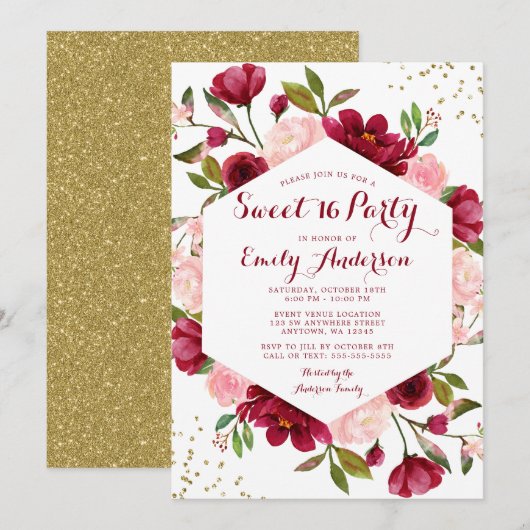 Modern Blush Burgundy Floral Sweet 16 Kaart (Voorkant / Achterkant)