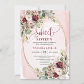 Modern Blush Burgundy Gold Floral Sweet Sixteen  Kaart (Voorkant)