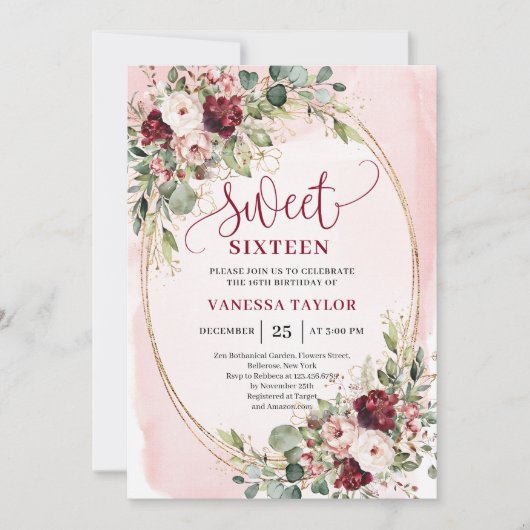 Modern Blush Burgundy Gold Floral Sweet Sixteen  Kaart (Voorkant)