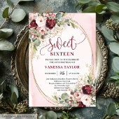 Modern Blush Burgundy Gold Floral Sweet Sixteen  Kaart