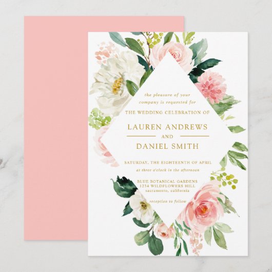 Modern Blush | Chic Diamond GOLD Floral Wedding Kaart (Voorkant / Achterkant)