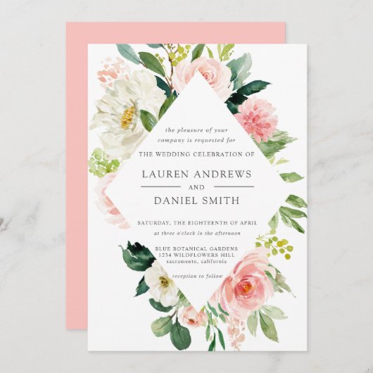Modern Blush | Chic Diamond Pink Floral Wedding Kaart (Voorkant / Achterkant)