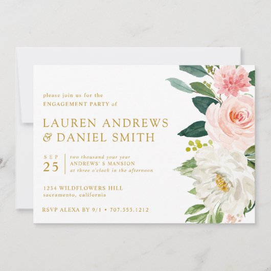 Modern Blush | Chic Floral Gold Engagement Party Kaart (Voorkant)