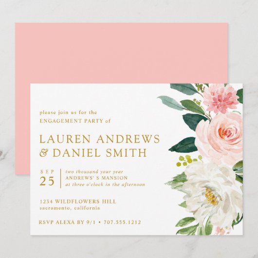 Modern Blush | Chic Floral Gold Engagement Party Kaart (Voorkant / Achterkant)