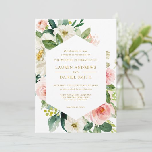 Modern Blush | Chic Geometric Gold Floral Wedding Kaart (Staand voorkant)