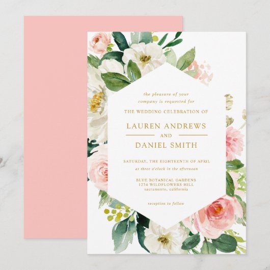 Modern Blush | Chic Geometric Gold Floral Wedding Kaart (Voorkant / Achterkant)
