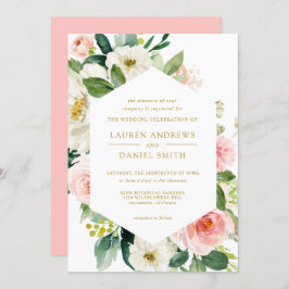 Modern Blush | Chic Geometric Gold Floral Wedding Kaart