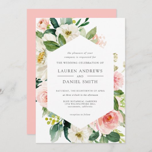 Modern Blush | Chic Geometric Gold Floral Wedding Kaart (Voorkant / Achterkant)