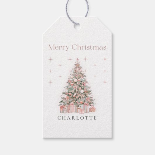 Modern Blush Christmas Tree – Personalized Holiday Cadeaulabel (Voorkant)
