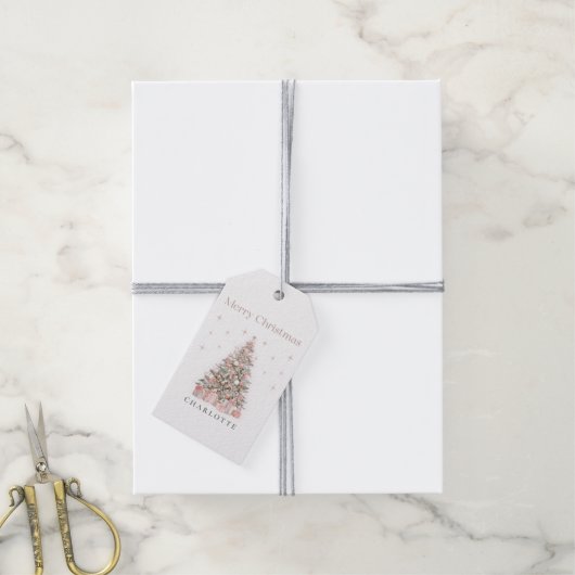 Modern Blush Christmas Tree – Personalized Holiday Cadeaulabel (Met Touw)