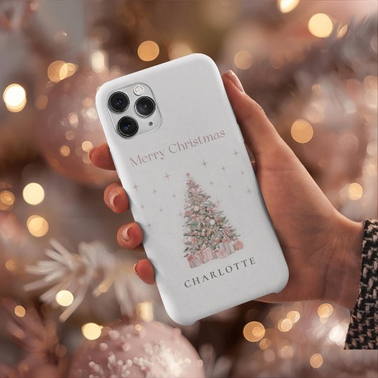 Modern Blush Christmas Tree Personalized Holiday iPhone Hoesje