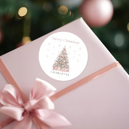 Modern Blush Christmas Tree – Personalized Holiday Ronde Sticker