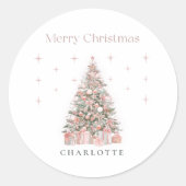 Modern Blush Christmas Tree – Personalized Holiday Ronde Sticker (Voorkant)