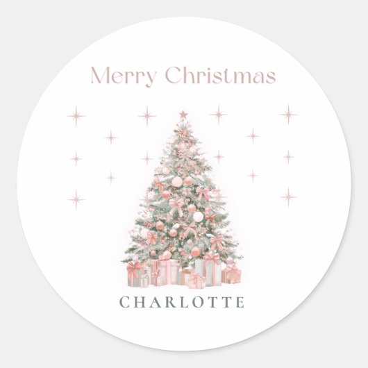 Modern Blush Christmas Tree – Personalized Holiday Ronde Sticker (Voorkant)