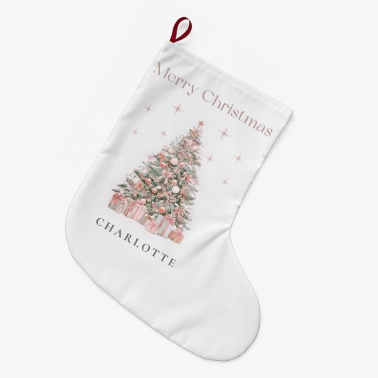 Modern Blush Christmas Tree Personalized Stocking Grote Kerstsok (Voorkant (Hangend))