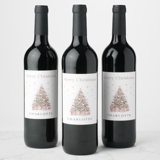 Modern Blush Christmas Tree Wine Label Wijn Etiket (Flessen)