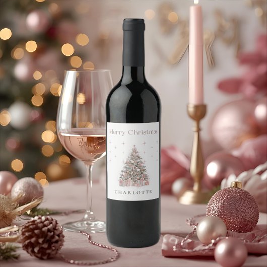 Modern Blush Christmas Tree Wine Label Wijn Etiket