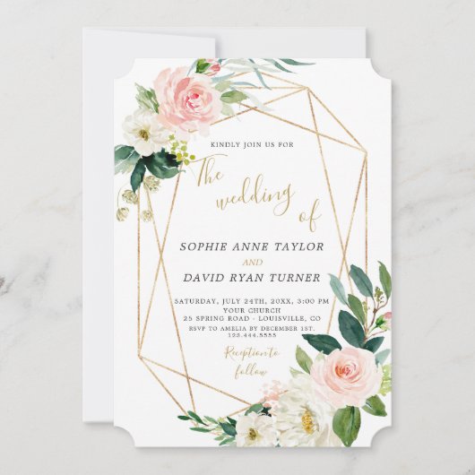 Modern Blush Cream Floral Gold Lijst Wedding Kaart (Voorkant)