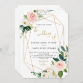 Modern Blush Cream Floral Gold Lijst Wedding Kaart (Voorkant / Achterkant)