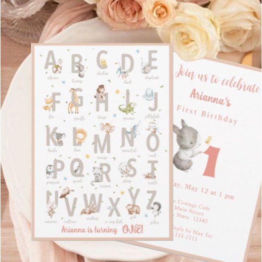 Modern Blush Dierenalfabet ABC Eerste Verjaardag Kaart