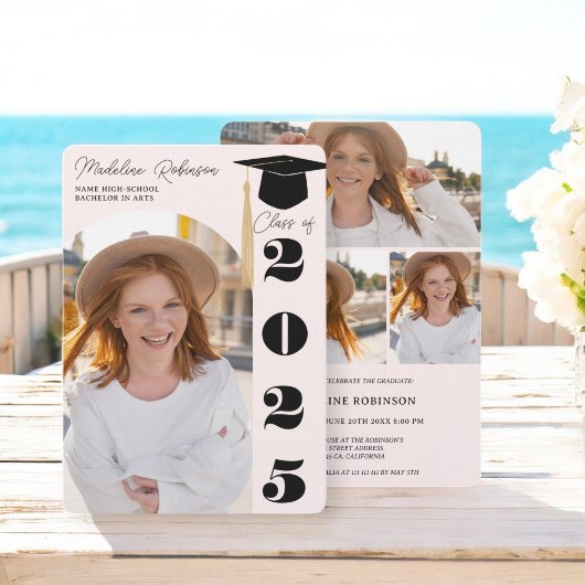 Modern Blush en Black 4 foto's Afstuderen Kaart