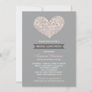 Modern Blush en Gray Floral Heart Bridal Luncheon Kaart