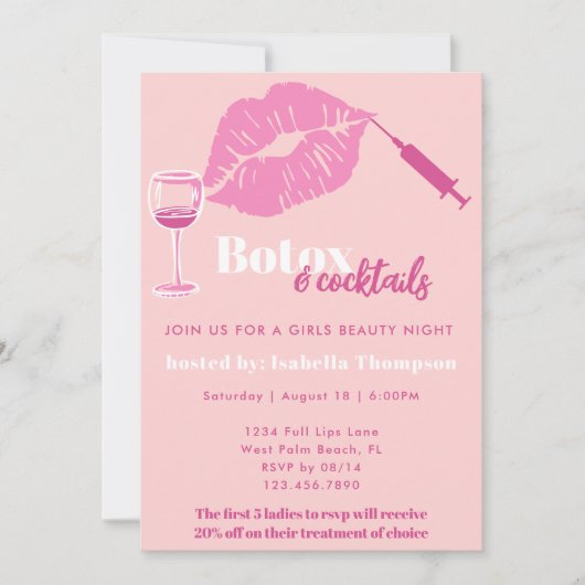 Modern Blush en Hot Pink Girls Night Botox Party Kaart (Voorkant)