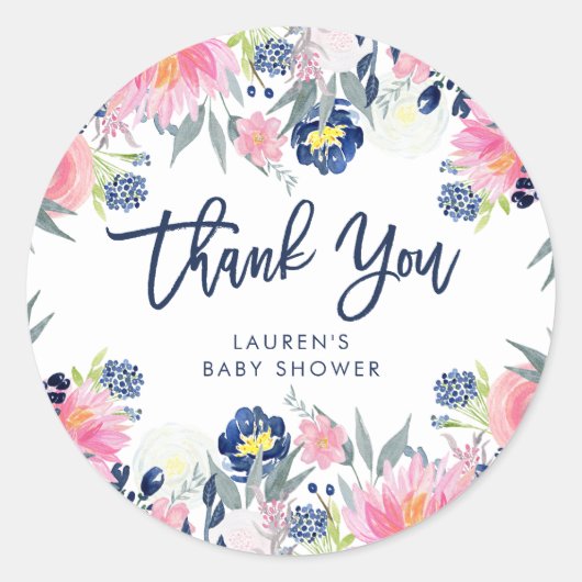 Modern Blush en Navy Floral Baby shower Dank u Ronde Sticker (Voorkant)