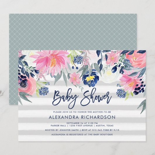 Modern Blush en Navy Floral Baby shower Kaart (Voorkant / Achterkant)