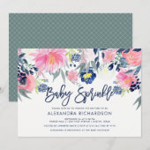 Modern Blush en Navy Floral Baby Sprinkle Kaart (Voorkant / Achterkant)