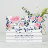Modern Blush en Navy Floral Baby Sprinkle Kaart (Staand voorkant)