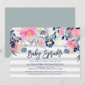 Modern Blush en Navy Floral Baby Sprinkle Kaart (Voorkant / Achterkant)