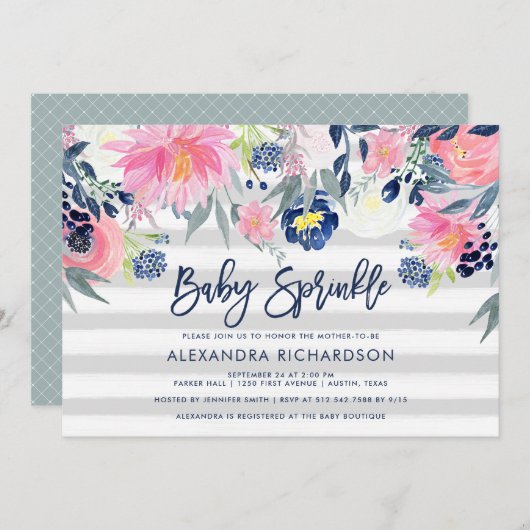 Modern Blush en Navy Floral Baby Sprinkle Kaart (Voorkant / Achterkant)