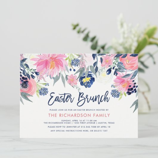 Modern Blush en Navy Floral Easter Brunch Kaart (Staand voorkant)