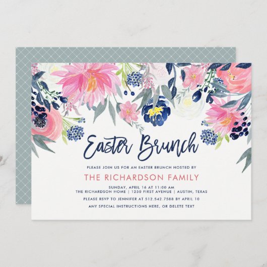Modern Blush en Navy Floral Easter Brunch Kaart (Voorkant / Achterkant)