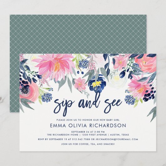 Modern Blush en Navy Floral Sip en See Kaart (Voorkant / Achterkant)