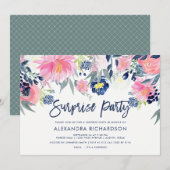 Modern Blush en Navy Floral Surprise Party Kaart (Voorkant / Achterkant)