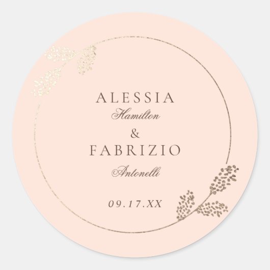 Modern Blush Faux Gold Botanisch Lijst Bruiloft Ronde Sticker (Voorkant)