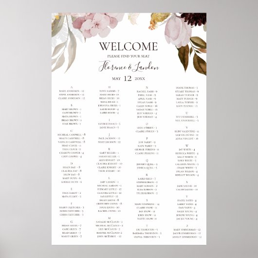 Modern Blush Floral | Alfabetische zitplaats Poster (Voorkant)