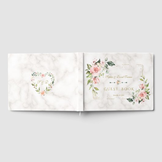 Modern Blush Floral Gold Glitter Marble Wedding Gastenboek (Volledig)