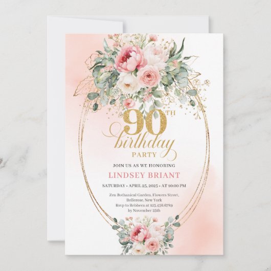 Modern Blush Floral Gold Minimal 90th Birthday  Kaart (Voorkant)